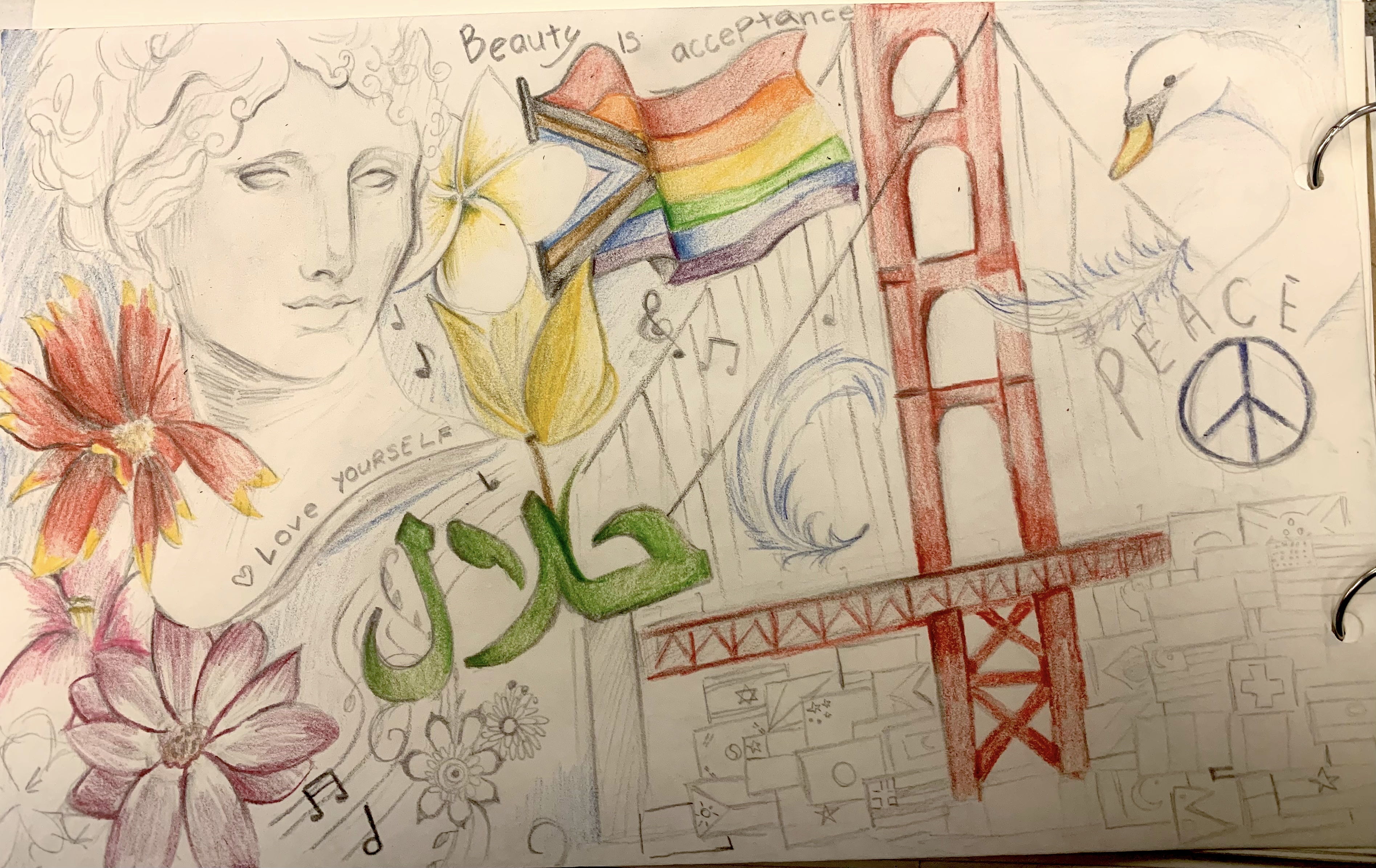 colored pencil drawing of a roman-looking face, flowers, golden gate bridge, feathers, a peace sign, and small flags from different countries